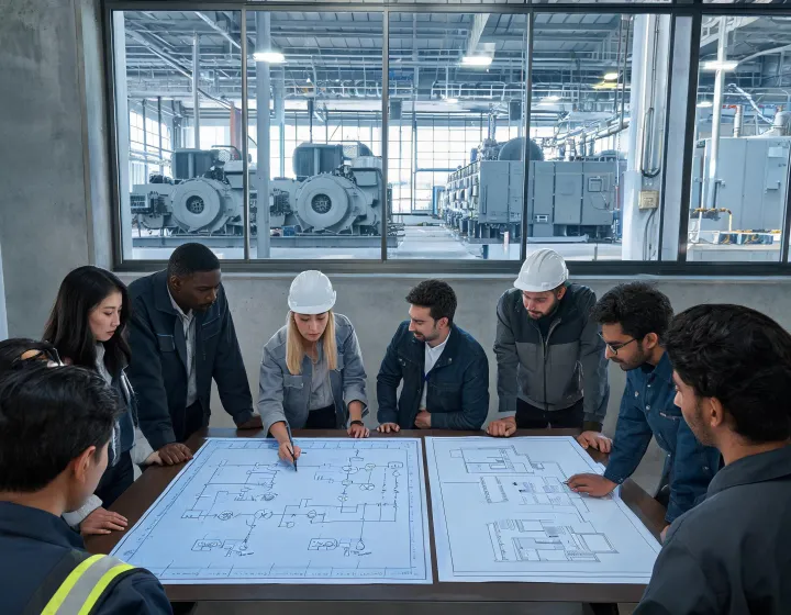 Generator engineering team reviewing installation drawings