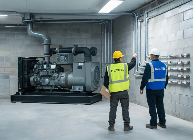 Contractor and facility manager inspecting generator installation