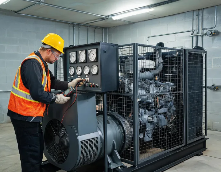 Generator technician performing commissioning checks